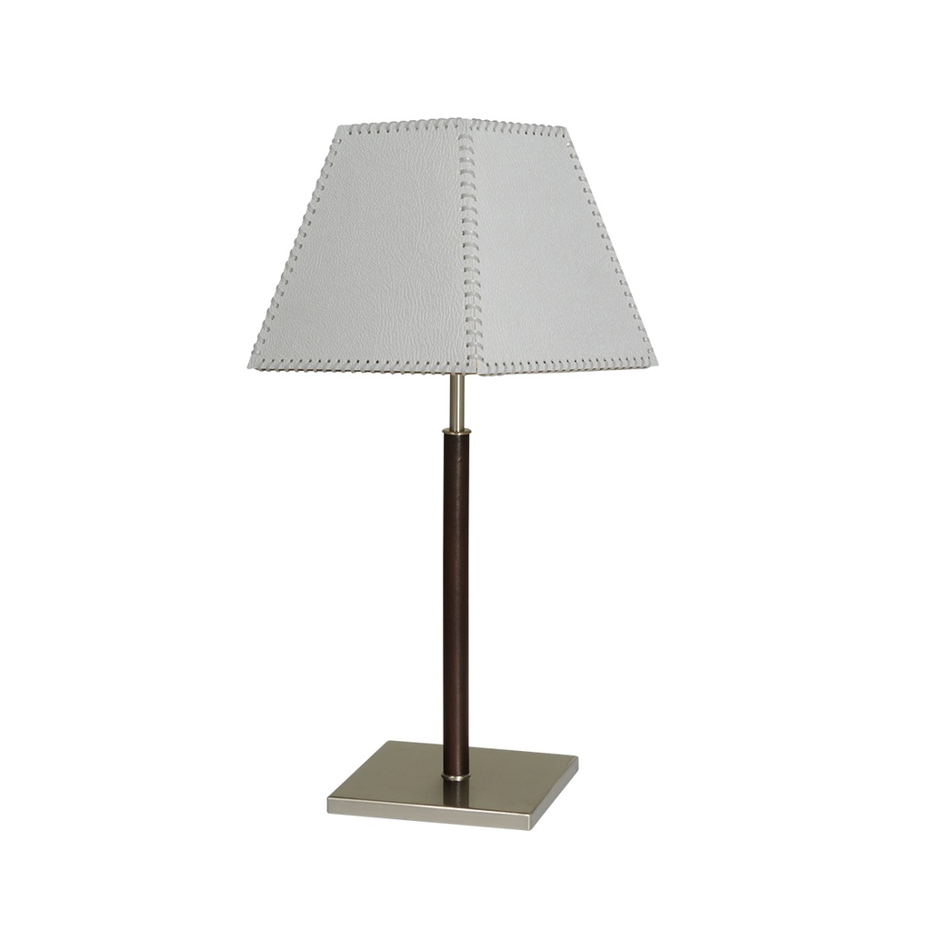 Velador base cuadrada c/pantalla trapezoide cromo/cuero Luz del Siglo