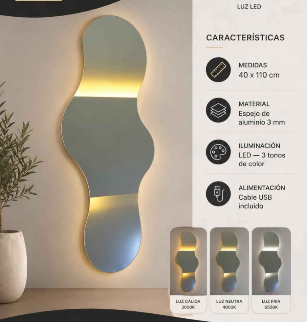 Espejo nube luz led 3 tonos 40 x 110 Luz Calida