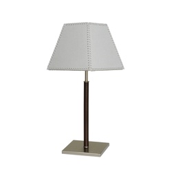 [VE0132-01TLB-56-cromo/cuero] Velador base cuadrada c/pantalla trapezoide cromo/cuero Luz del Siglo